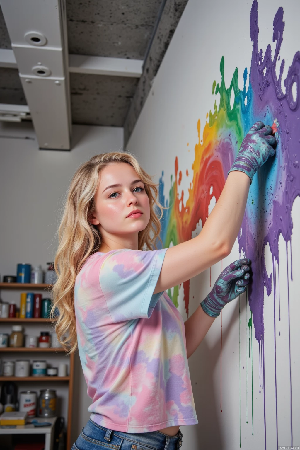 Realistic high quality photo. A 28‑year‑old woman with curly blonde hair, blue eyes, wearing a pastel t‑shirt, standing in a modern studio at late evening, painting a large drywall ceiling in swirling chaotic colors while paint drips from the wall, her ink‑stained gloves resting on a paint tube, surrounded by brushes and paint cans, focused and determined.