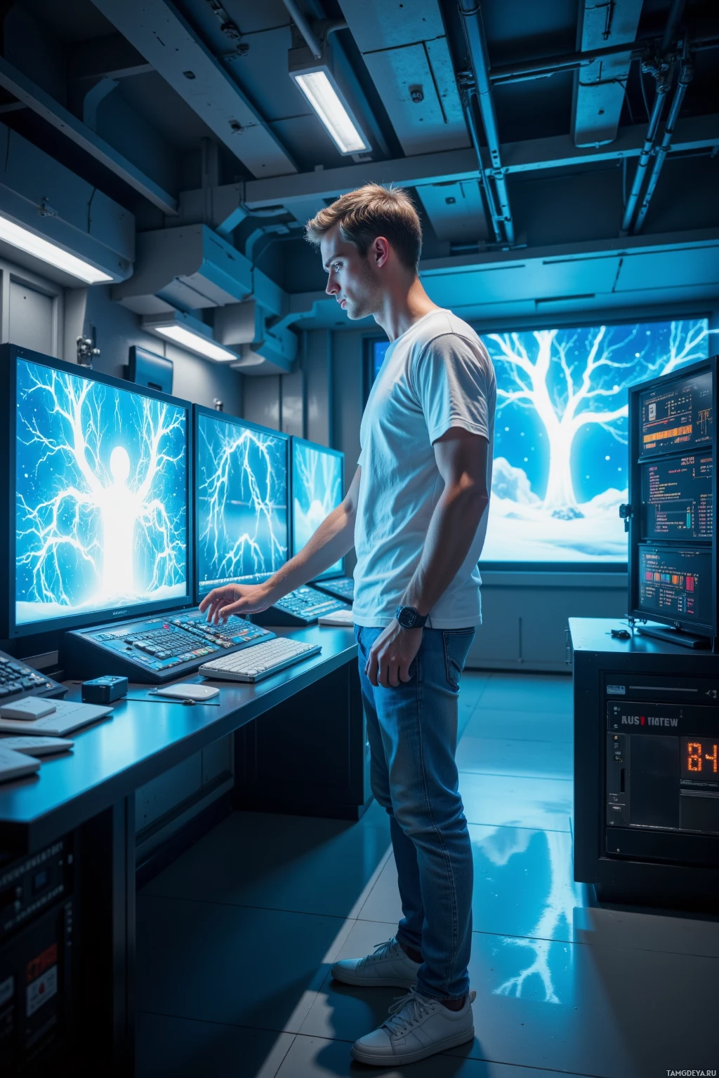 Realistic high quality photo. Male, 34, short light brown hair, blue eyes, white t‑shirt, light jeans, sneakers, standing in a dimly lit, high‑tech control room with holographic screens showing a 120 Hz lightning bolt flickering, adjusting a console while a swirling blizzard engulfs a holographic boss resembling a cold conductor, his focused expression and tense posture reflecting a perfectionist arguing with simulation code.