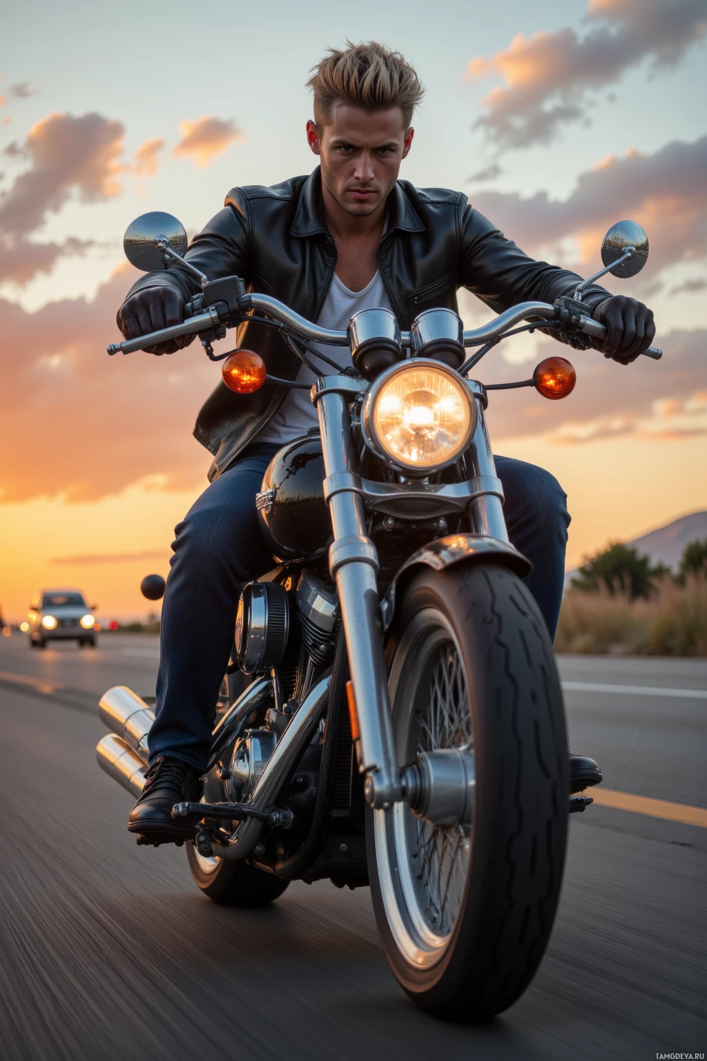 Realistic high quality photo. Tall muscular 27‑year‑old man with slicked‑back blonde hair, blue eyes, wearing a black leather jacket, white tank top and dark jeans, riding a chrome motorcycle on a highway at sunset, wind whipping his hair, traffic lights blur behind him, exuding adrenaline.