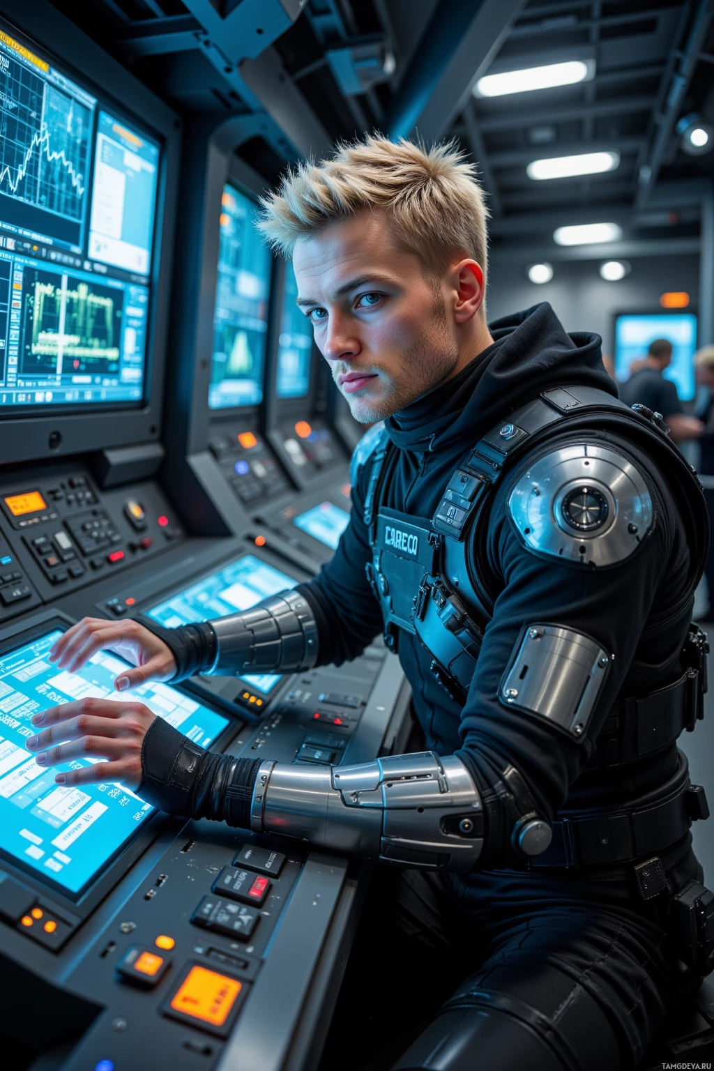 Realistic high quality photo. A striking male, 35, short light blonde hair, piercing blue eyes, pale skin with seamless metallic limbs, wearing a sleek black jumpsuit and utility belt, calmly adjusting holographic telemetry panels on an orbital platform control console, flickering precision lights casting measured shadows, mechanical components humming.