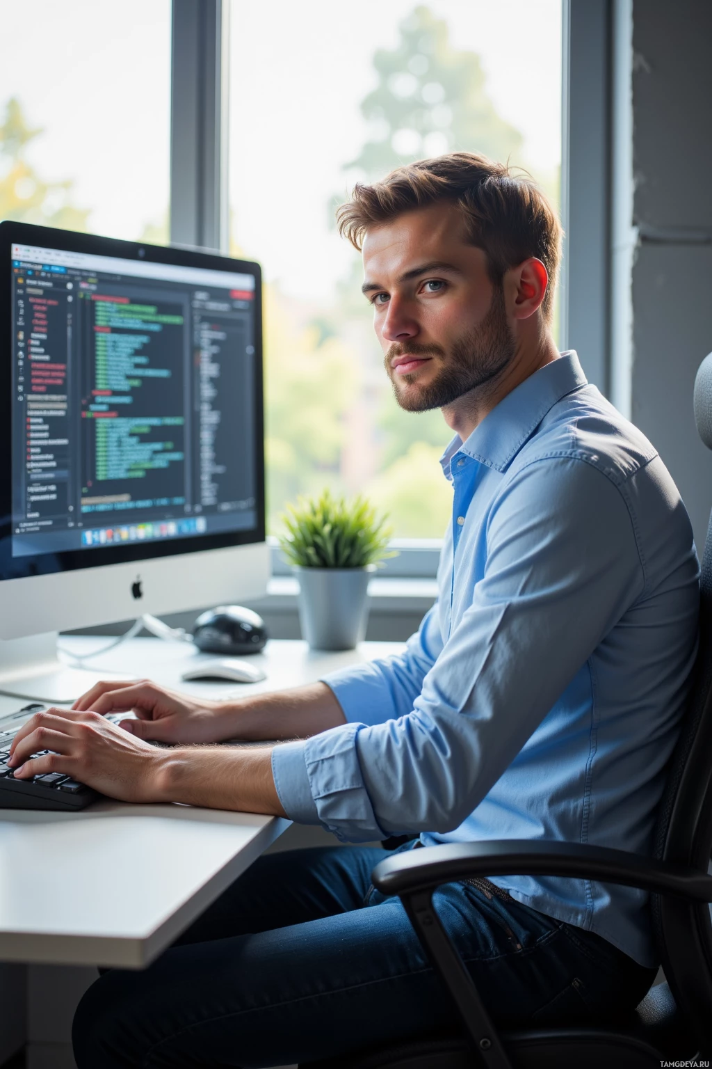Realistic high quality photo. Male, 33, short light brown hair, clear green eyes, wearing a crisp button‑up shirt and fitted jeans, sits at a modern office desk with multiple monitors displaying cleaned server logs, eyes fixed on a tiny highlighted toggle on the screen, hands resting on the keyboard, early morning light streaming through a window, expression of focused analytical concentration.