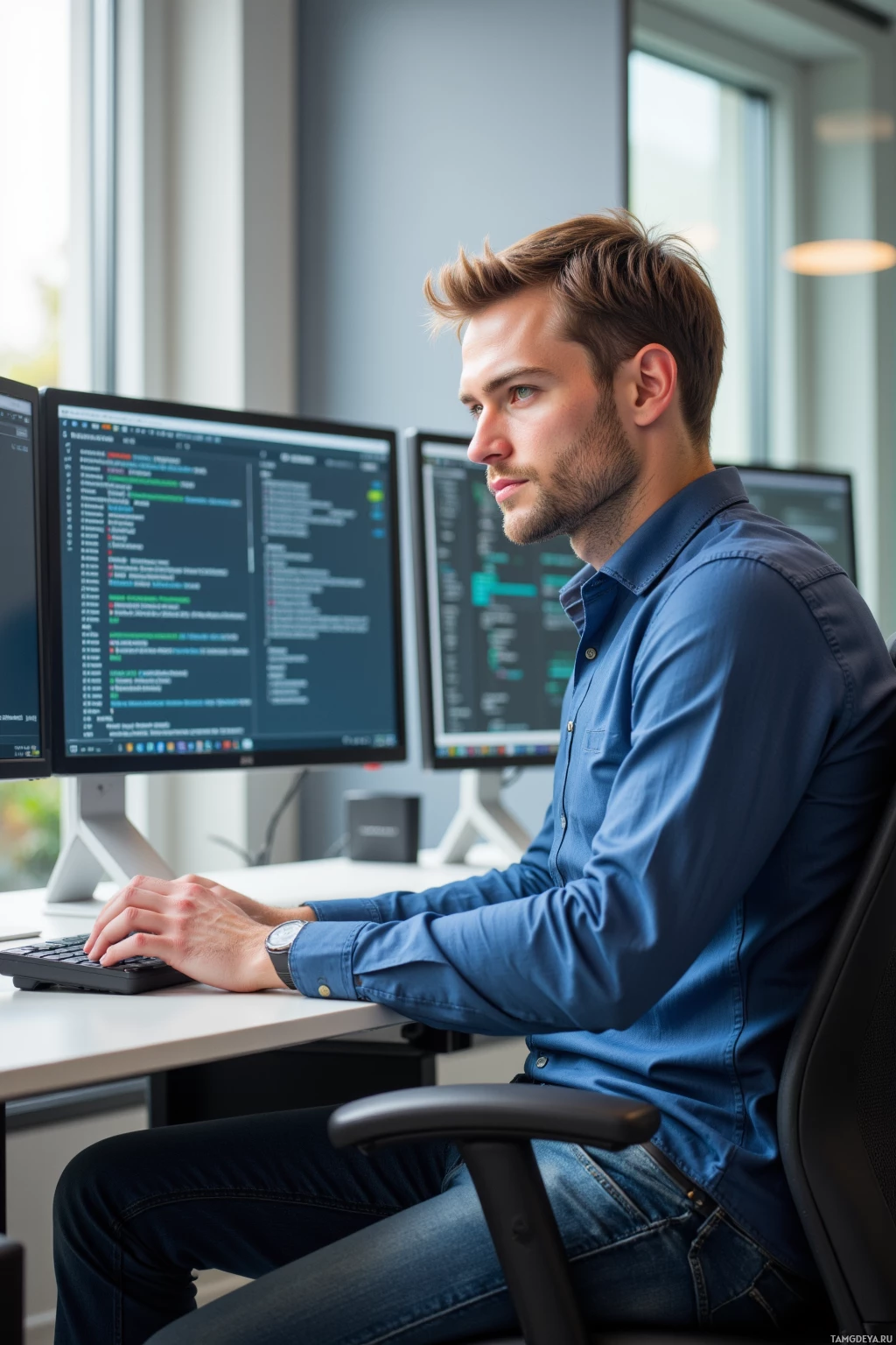 Realistic high quality photo. Male, 33, short light brown hair, clear green eyes, wearing a crisp button‑up shirt and fitted jeans, sits at a modern office desk with multiple monitors displaying cleaned server logs, eyes fixed on a tiny highlighted toggle on the screen, hands resting on the keyboard, early morning light streaming through a window, expression of focused analytical concentration.