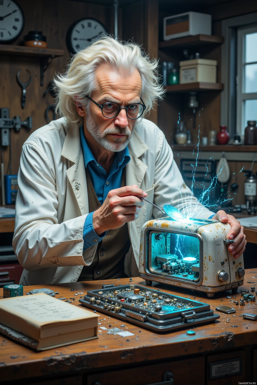 Realistic high quality photo. In a cluttered sci‑fi workshop, a 45‑year‑old man with wild white hair, blue eyes, stained lab coat, and large round glasses hunched over a humming broken capacitor, half‑dismantled toaster covered in scribbled equations, a glowing spoon whispering quantum secrets into exposed circuits, a cracked fridge magnet crackling static, and a chaotic pile of scrap widgets rattling, holding the spoon in earnest.