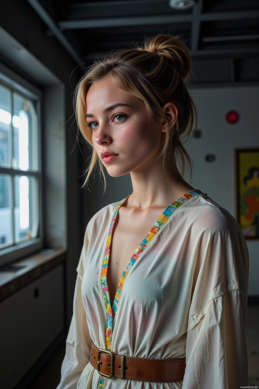 Realistic high quality photo. Female 32 with light brown and pastel multicolored messy artistic hair, green eyes, wearing a flowing white smock over a vibrant patterned dress cinched with a wide belt, standing in a dimly lit basement pop‑up gallery, staring at a silent alarm clock with a glowing digital heartbeat display, a faint Wi‑Fi signal icon flickering on a nearby wall.