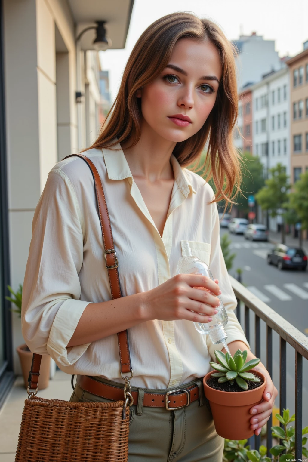 Realistic high quality photo. Woman, 38, shoulder‑length brown hair, warm hazel eyes, smooth porcelain skin, wearing earth‑toned casual clothing and a flowing white shirt, carrying a woven basket bag, cradles a potted succulent while watering it with a repurposed plastic bottle self‑watering system, standing beside a small compost bin on her balcony at early morning light, with a city street in the background lined with young saplings.