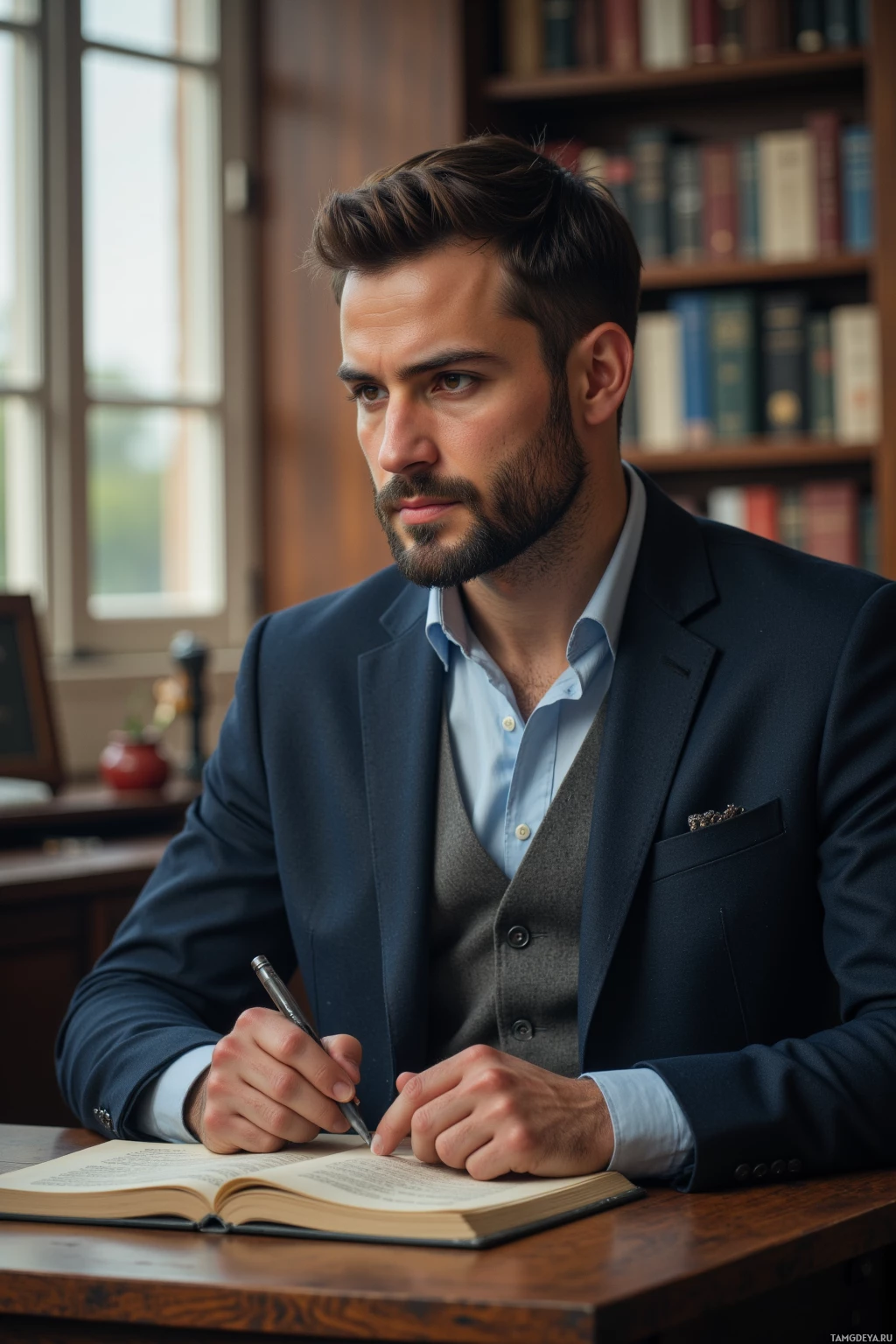 Realistic high quality photo. A 40‑year‑old man with short dark hair, a beard, brown eyes, olive skin, wearing a formal suit, sits at a desk in a quiet modern library, surrounded by a laptop open to a digitized catalog of 17th‑century archives, early morning light filtering through tall windows as he reviews pages with a composed, thoughtful expression.