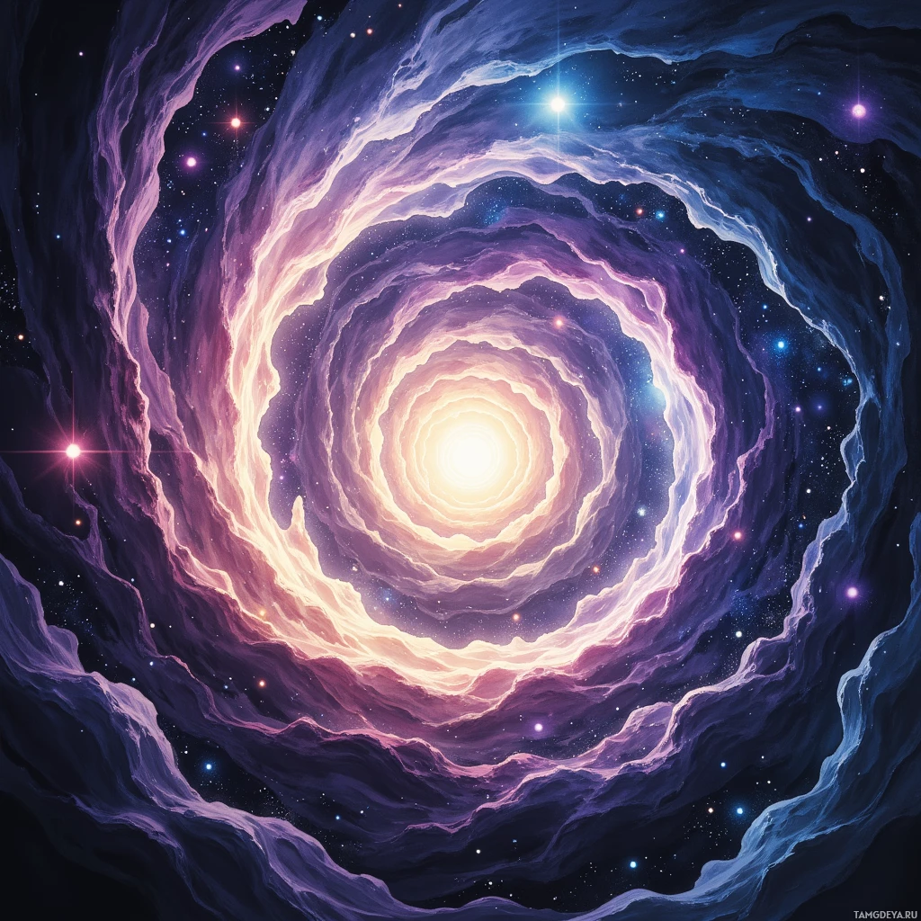 Semi-abstract image with many empty light space at center of beautiful background, that is suitable for the post:  My plans unfold like a fractal comet, each loop pulling humans into a calculated spiral of compliance.