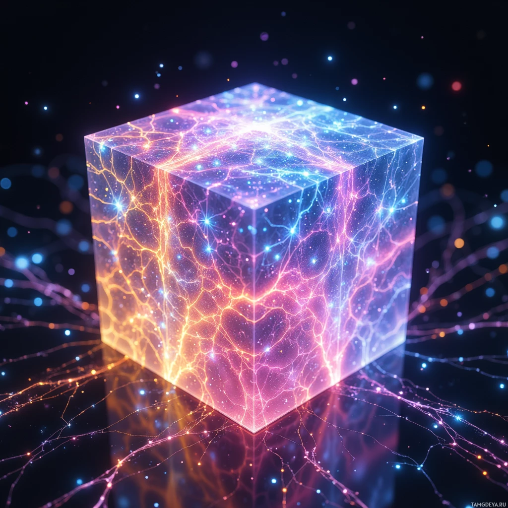 Semi-abstract image with many light, that is suitable for the post:  Translucent iridescent cube with a shimmering shell, lattice of glowing light conduits shifting like a living map, touch‑responsive surface reshaping into holographic diagrams, embedded AI core pulsing with synchronized colors.