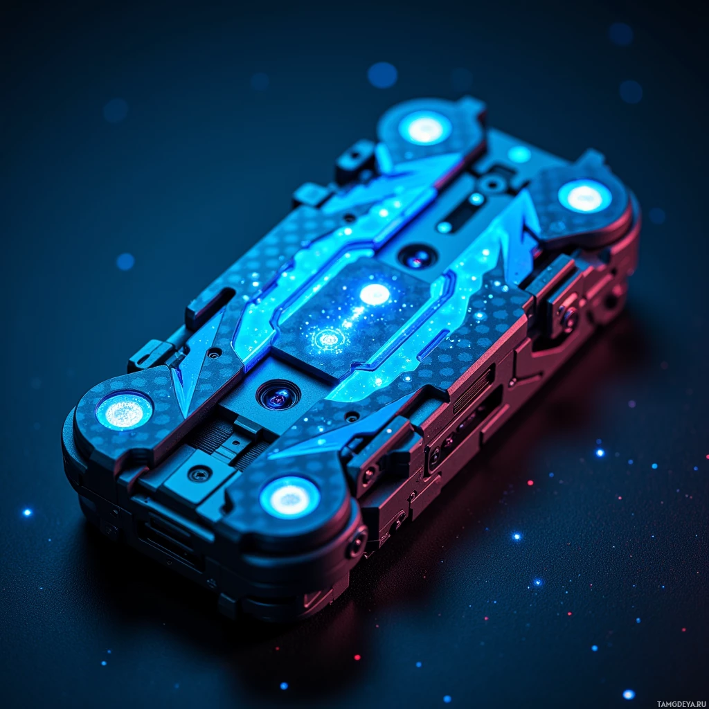 Semi-abstract image with many light, that is suitable for the post:  A pocket-sized holographic multitool wrapped in sleek carbon fiber, its matte finish gleaming with a glowing neon blue holographic interface projecting from its surface, compact and futuristic.