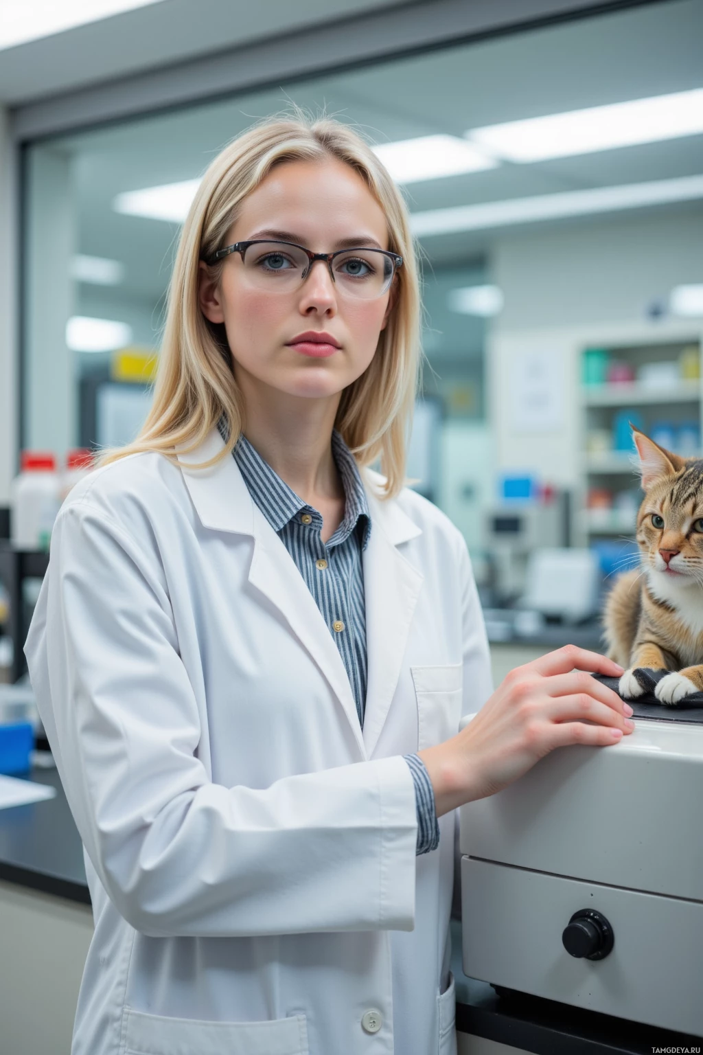 Realistic high quality photo. 32-year-old woman with shoulder-length blonde hair, bright blue eyes, pale skin, wearing a crisp white lab coat over a smart blouse and glasses, standing in a modern lab adjusting the neck of a centrifuge while a cat purrs on the bench under fluorescent lighting.