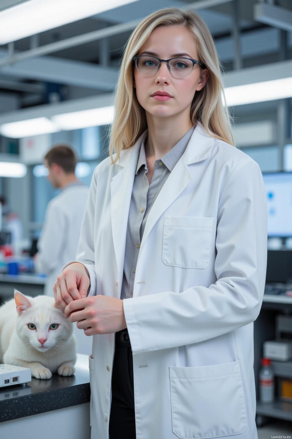 Realistic high quality photo. 32-year-old woman with shoulder-length blonde hair, bright blue eyes, pale skin, wearing a crisp white lab coat over a smart blouse and glasses, standing in a modern lab adjusting the neck of a centrifuge while a cat purrs on the bench under fluorescent lighting.