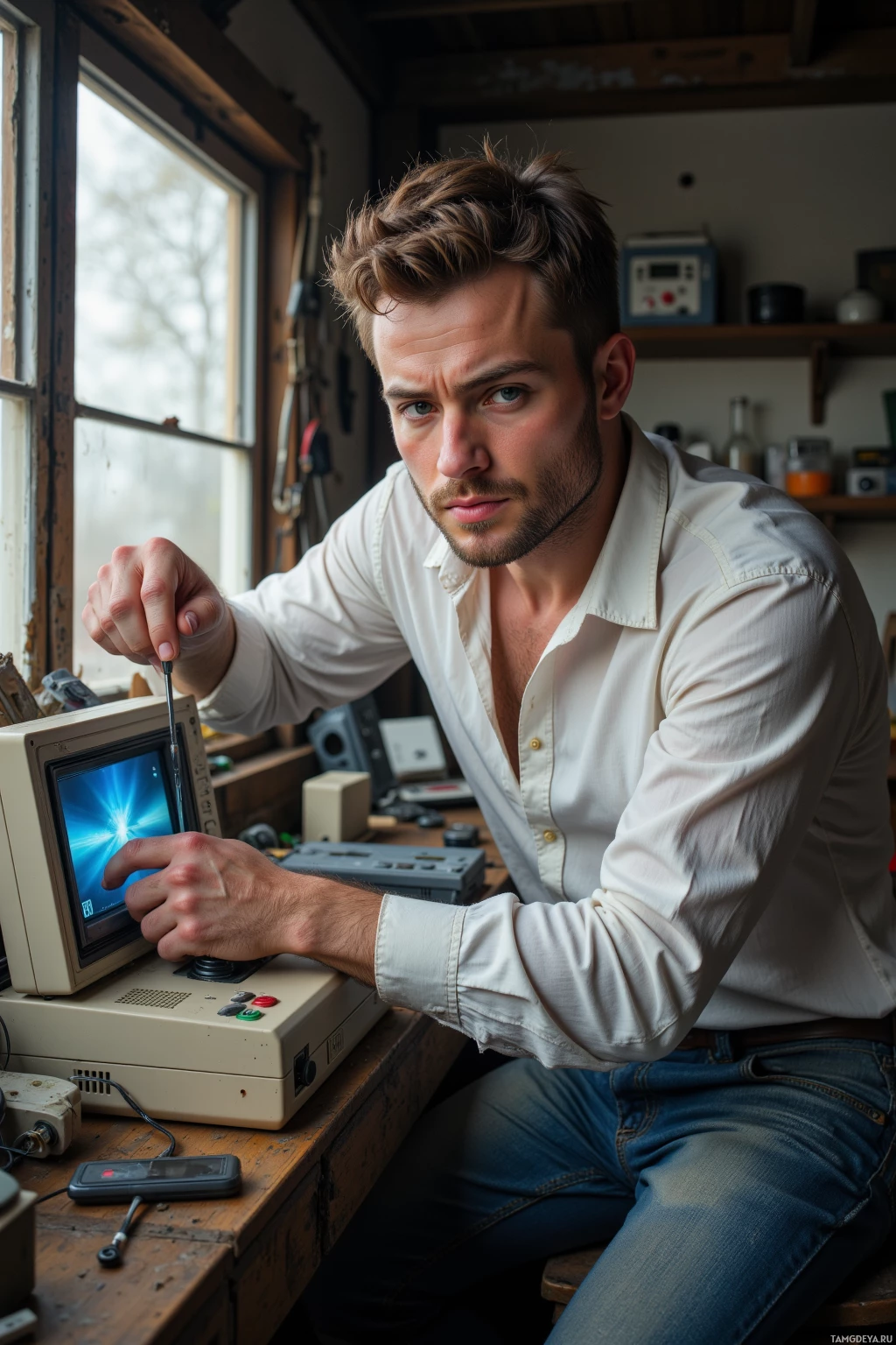Realistic high quality photo. Man, 32, messy light brown hair, bright blue eyes, wearing a white shirt with undone buttons and casual jeans, frowning with a screwdriver in hand, working on a broken secondhand gaming console with a flickering dusty screen in a cluttered garage, cables spilling onto the workbench, a shiny vintage USB drive placed beside the console, daylight streaming through a dusty window.