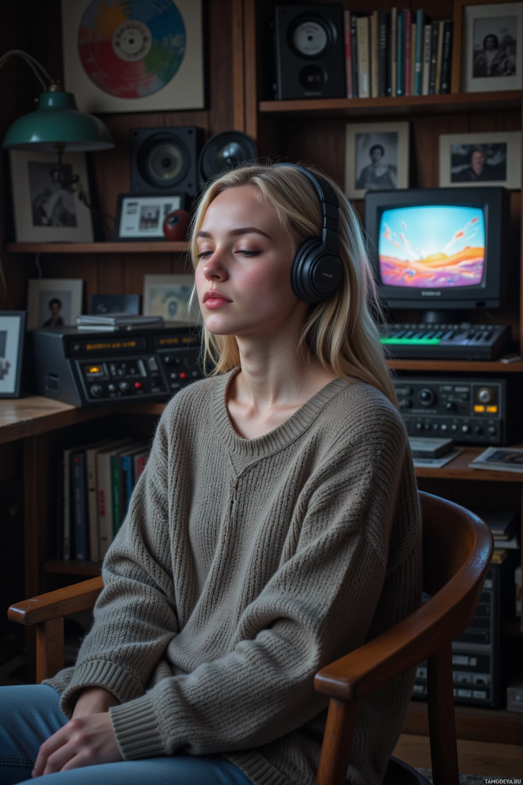 Realistic high quality photo. A slender 24‑year‑old woman with soft blonde curls, bright blue eyes, porcelain skin, wearing a cozy oversized sweater and chunky headphones, sits with eyes closed in a dim attic filled with vintage vinyl records, cracked Polaroid photographs, an old CRT monitor glowing with glitchy VHS footage, a 1970s analog synth humming softly, surrounded by a hazy, surreal dreamscape of floating pixels.