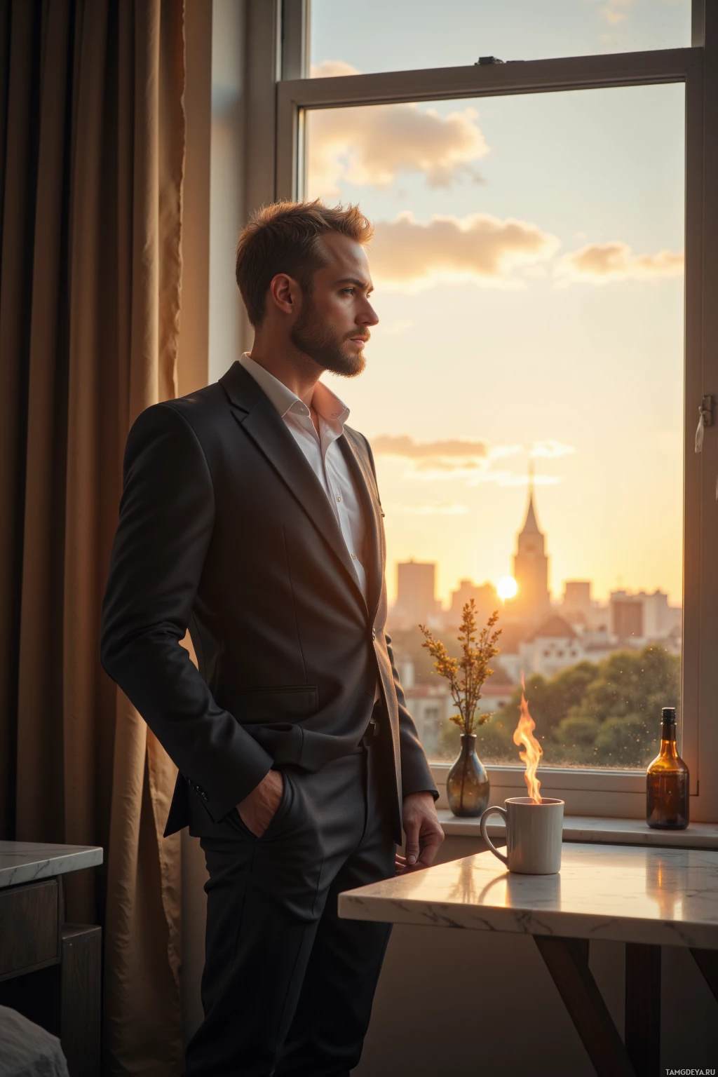 Realistic high quality photo. Man, 33, blonde hair, beard, pale complexion, calm blue eyes, wearing minimalist elegant attire and mismatched socks, standing by a window in a modern apartment at sunrise, holding a fountain pen with a small coffee mug on the table beside him, early morning light casting soft shadows.