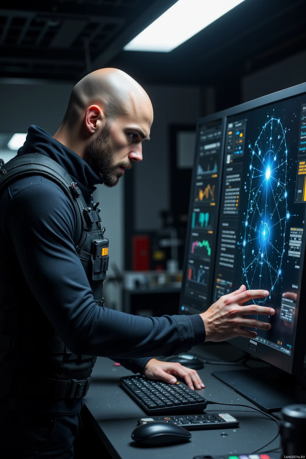 Realistic high quality photo. Nighttime lab interior, a 40‑year‑old man with a shaved head, brown eyes, pale skin, wearing a tactical vest over dark functional clothing, stands before a softly illuminated computer console, tracing data points that resemble constellations on a black screen while an exosuit core pulses, his posture methodical and slightly impatient.