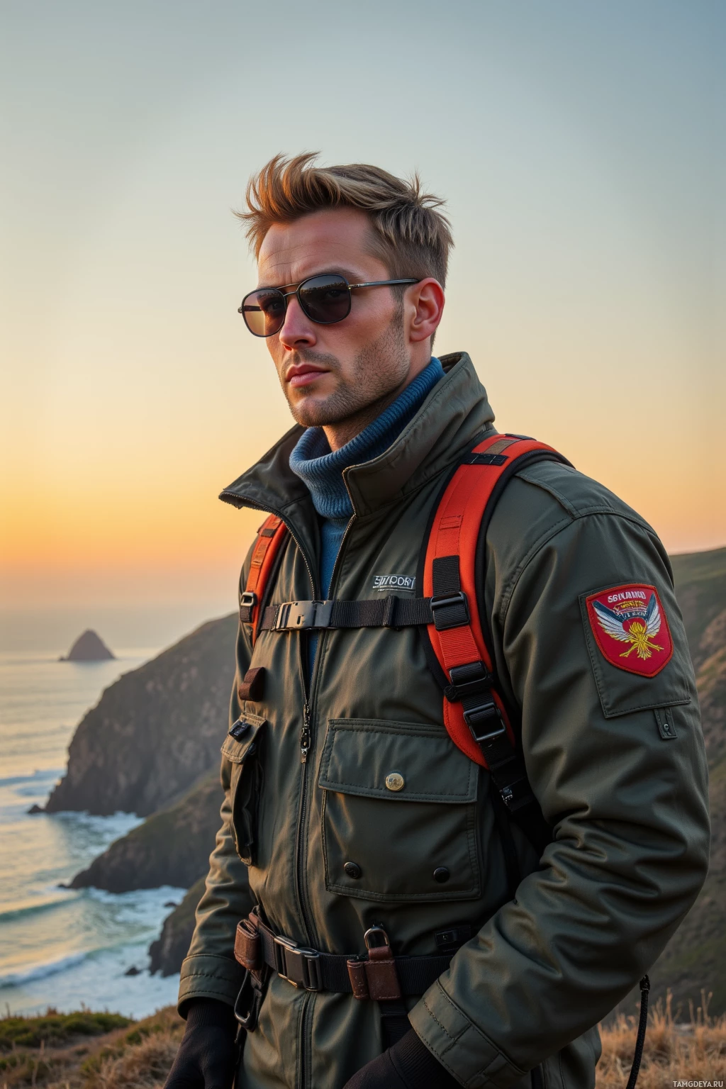 Realistic high quality photo. A tall 35‑year‑old man with short blonde hair and blue eyes, wearing a pilot uniform and aviator sunglasses, stands on a cliff edge at dawn, wind whipping his jacket, holding a high‑rope harness, gazing toward the horizon in a calm, determined pose.