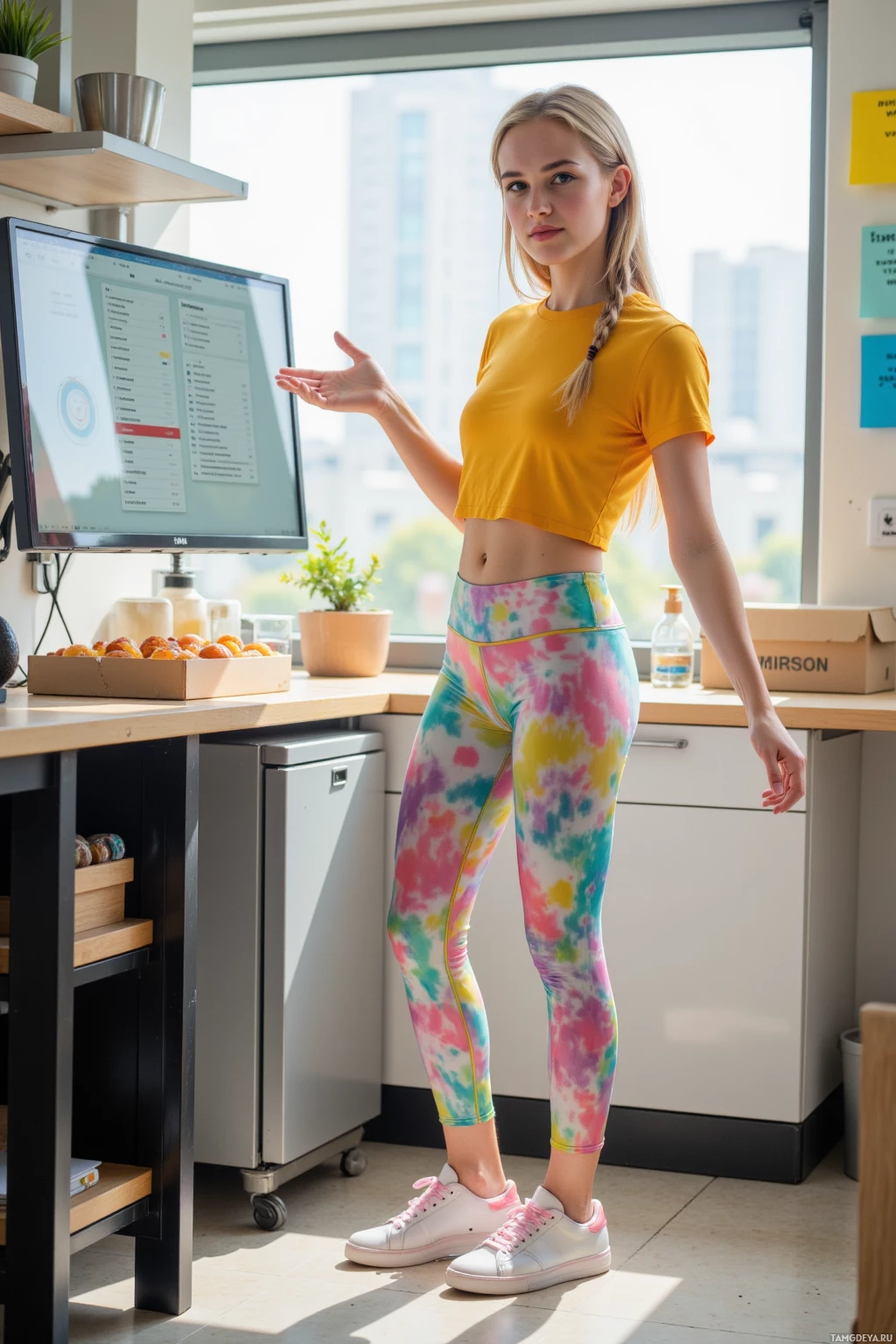 Realistic high quality photo. A 23‑year‑old woman with braided blonde hair, bright blue eyes, fair skin, wearing a vibrant yellow crop top, pastel‑patterned leggings, and white sneakers with pink laces, standing in a modern office kitchen with bright spreadsheets on a screen, sticky notes, a box of cupcakes, and a glowing superhero icon on her monitor, cheerfully arranging a surprise pizza bake‑off while dancing with coworkers, sunny midday light streaming through the window.