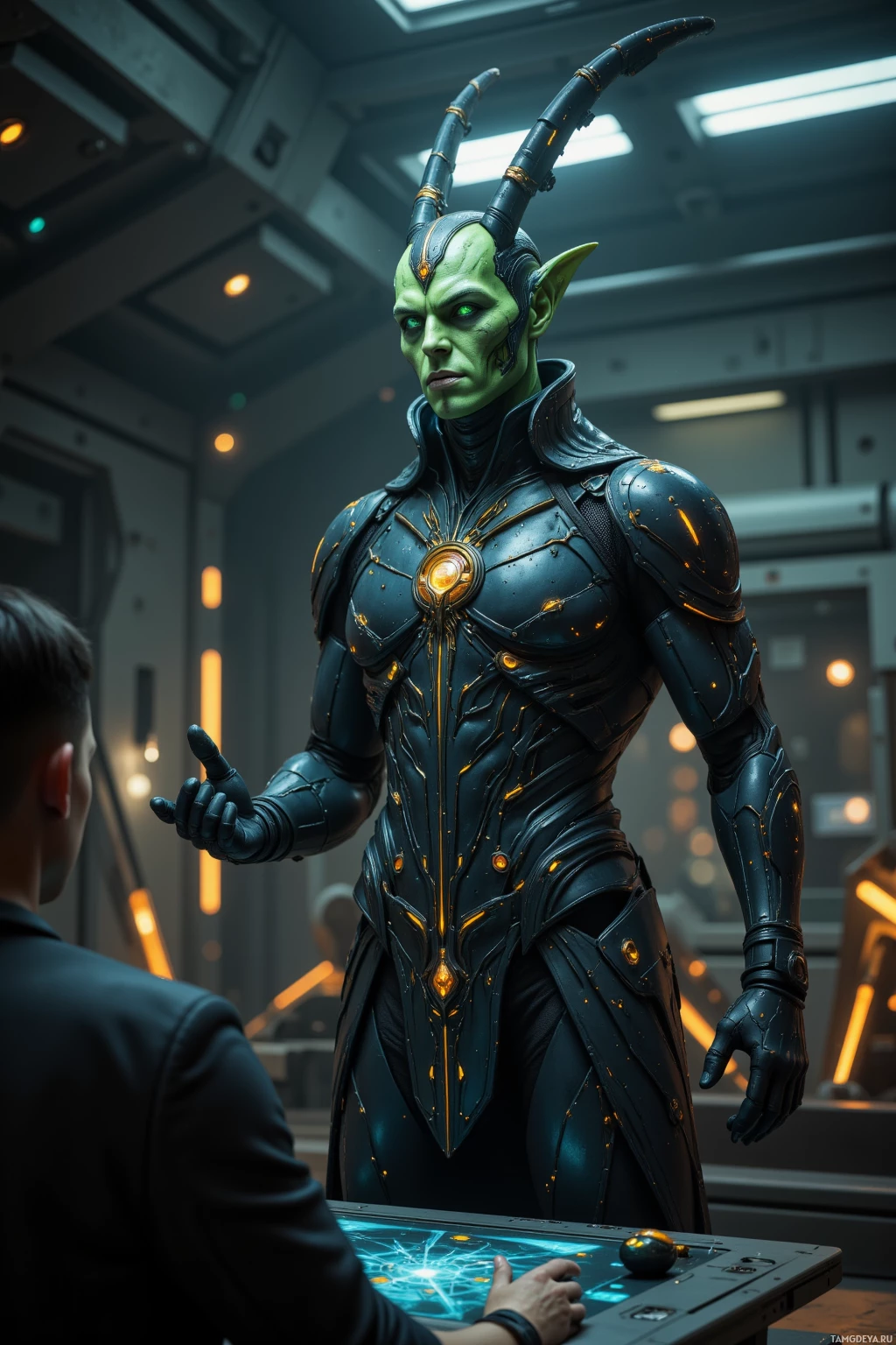Realistic high quality photo. Male 120‑year‑old towering alien with green skin, buzzed hair, piercing green eyes, two antennae, clad in sleek metallic armor with shimmering accents, standing on a dim control deck with a flickering holo array, delivering a blunt news broadcast into a microphone to a silent, tense audience.