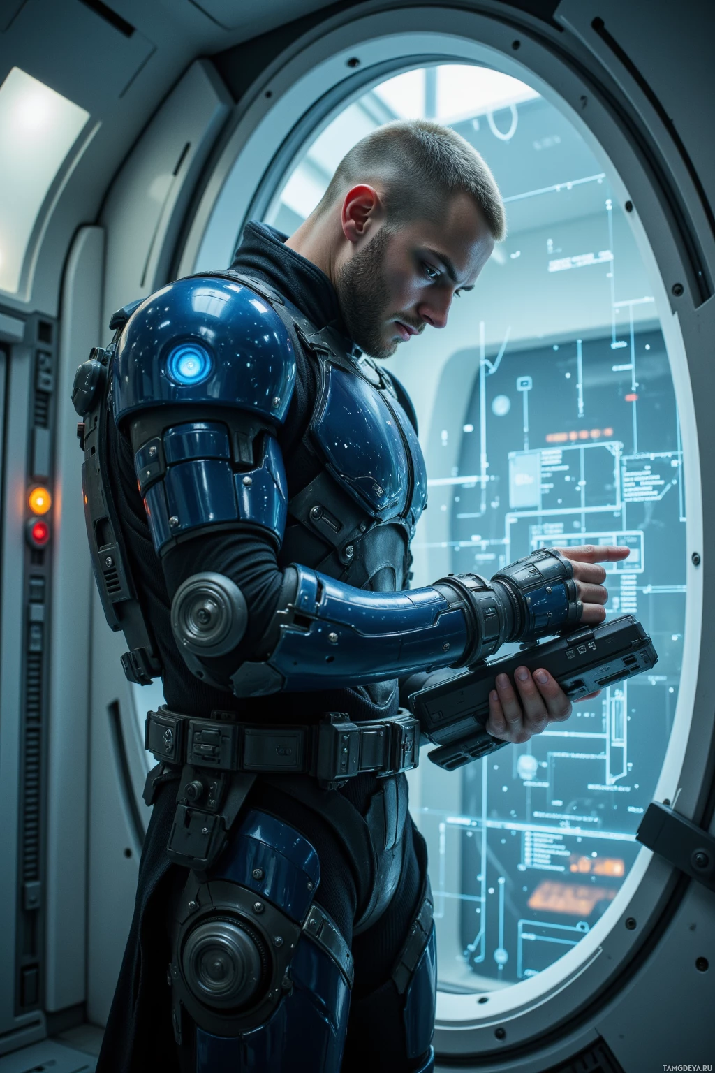 Realistic high quality photo. A 35‑year‑old man with shaved light brown hair, piercing blue eyes, pale skin, wearing minimalist sleek tactical armor, stands in a glowing futuristic corridor, calmly studying a holographic run plan projected on a console while holding a glowing chronometer, surrounded by softly illuminated panels and metallic walls.