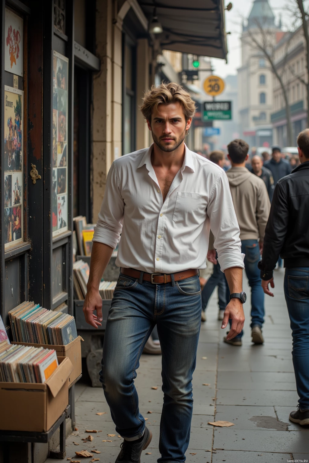 Realistic high quality photo. A 31‑year‑old man with tousled blond hair and piercing blue eyes, wearing a tailored white shirt, dark jeans, and black sneakers, walks past a dusty old vinyl shop with cracked glass, light spilling onto his notebook, laughing as a passerby trips over a forgotten scarf, surrounded by shelves of aged records and the scent of vinyl.