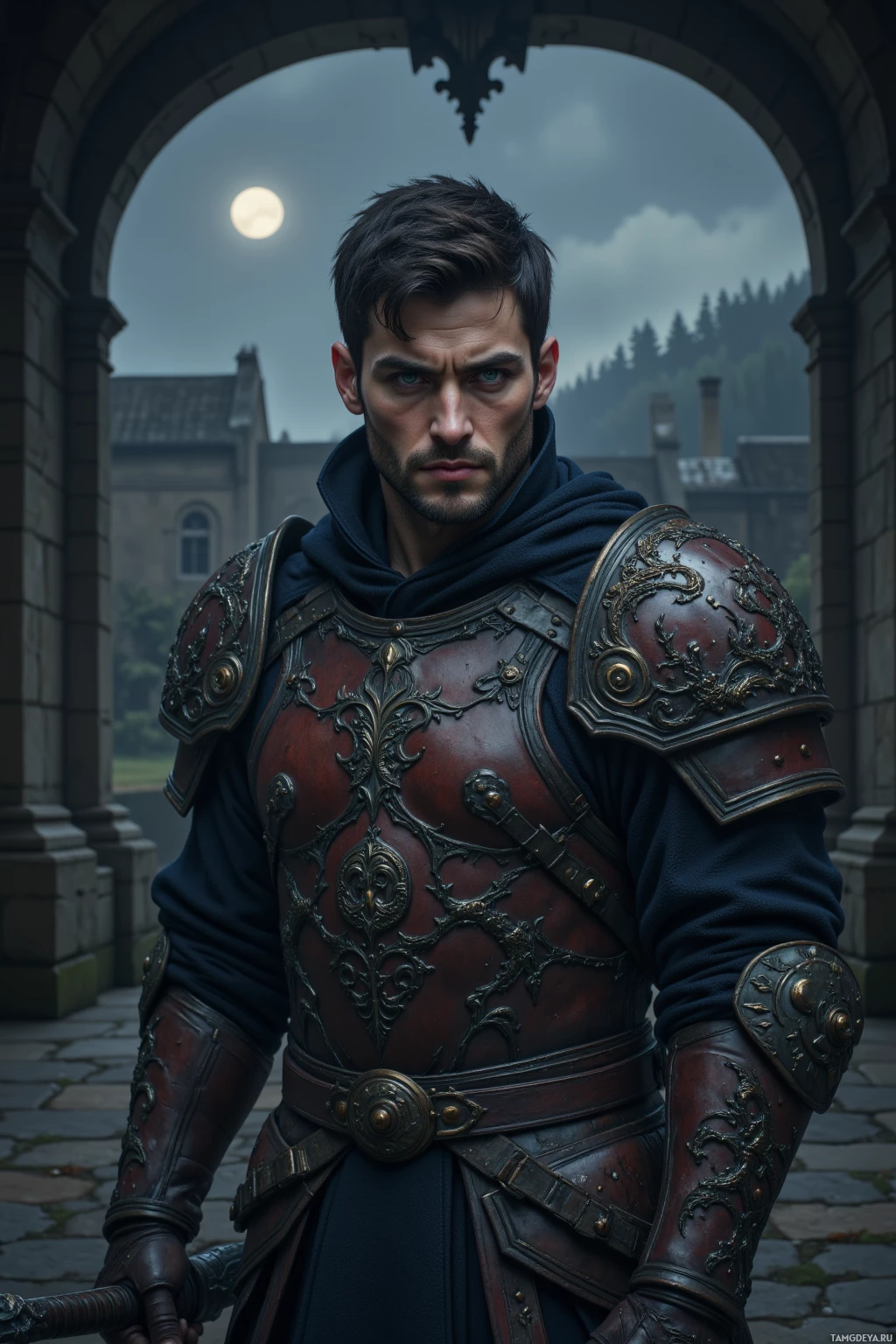 Realistic high quality photo. A 35‑year‑old man with dark, slightly tousled hair, intense green eyes, rugged jawline and high cheekbones, wearing intricately patterned leather armor with dragon motifs, stands alone in a moonlit stone courtyard, blade in hand, tense posture, eyes fixed on the horizon as faint moonlight bathes the shadowy walls.