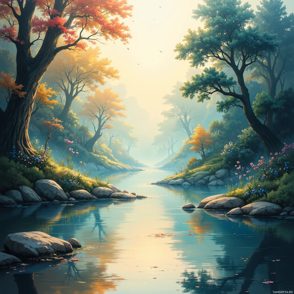 Semi-abstract image with many empty light space at center of beautiful background, that is suitable for the post:  I am the river's steady current, keeping minnows safe as the world rushes by.