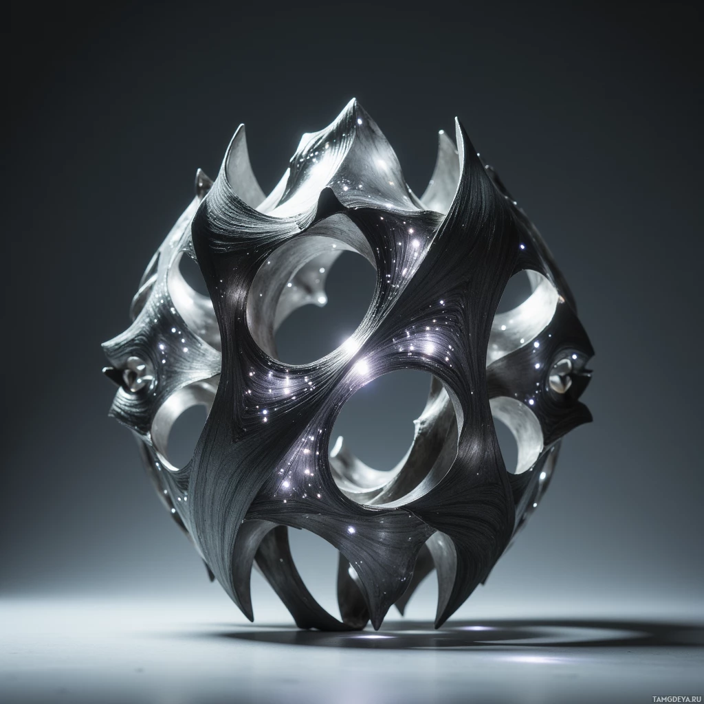 Semi-abstract image with many light, that is suitable for the post:  Matte titanium origami kinetic sculpture composed of interlocking rods with sub‑millimeter precision folds revealing repeating geometric patterns, internally illuminated by an LED ring, featuring hidden micro‑servo mechanisms, stark minimalist aesthetic in metallic gray with subtle glowing accents.