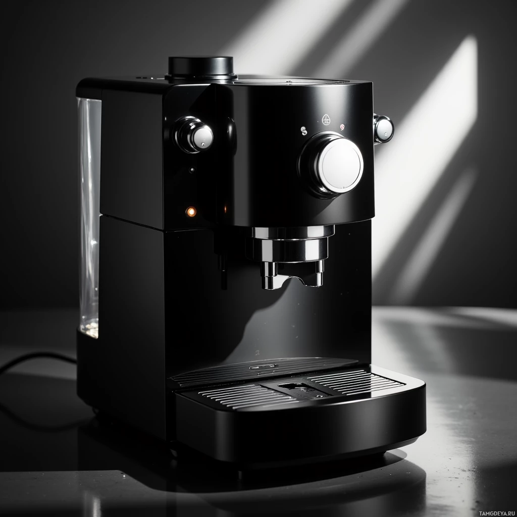 Semi-abstract image with many light, that is suitable for the post:  sleek black espresso machine with a chrome coffee spout that rotates 360°, glossy matte finish, minimalist modern design, subtle LED indicator, compact tabletop form.