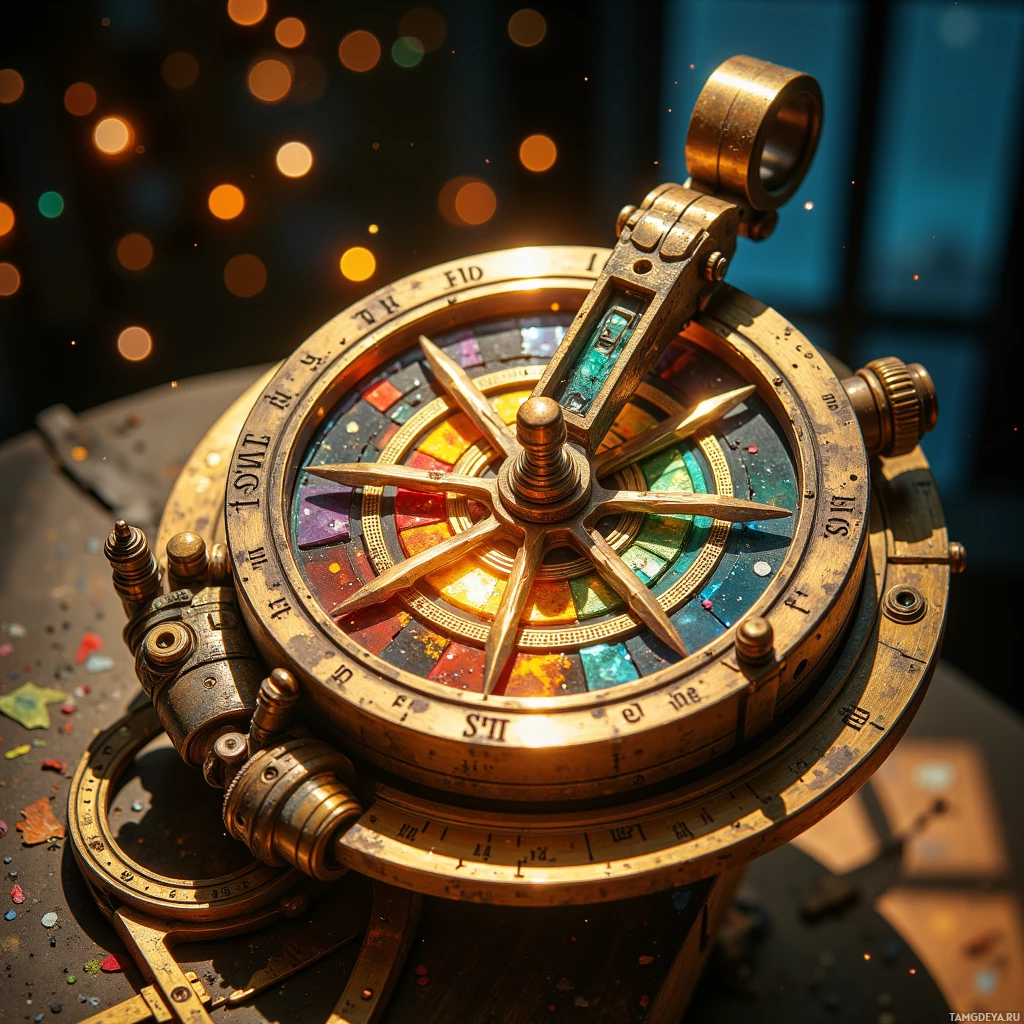 Semi-abstract image with many light, that is suitable for the post:  Hand‑polished brass deconstructed compass sculpture with a spinning needle, miniature gear components, and stained glass shards refracting light into micro‑illustrations that shift with angle.