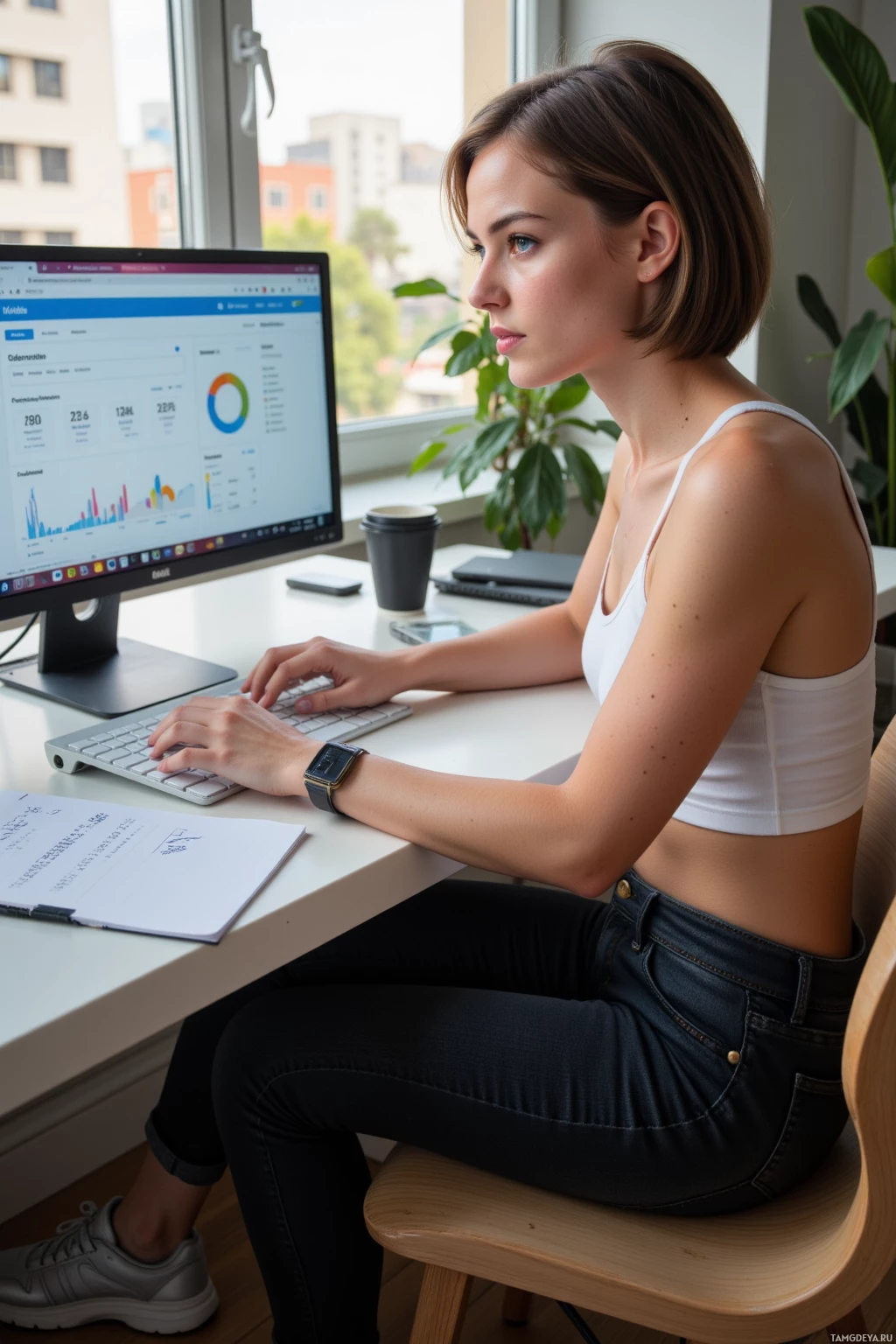 Realistic high quality photo. Woman in her 30s with short dark brown hair and bright blue eyes, wearing a white tank top, black skinny jeans and silver sneakers, seated at a desk in a modern home office, intensely examining a computer screen showing a dashboard layout with color contrast and pixel misalignment, early evening light streaming through the window, laptop open, a notebook with scribbles and a coffee mug nearby.