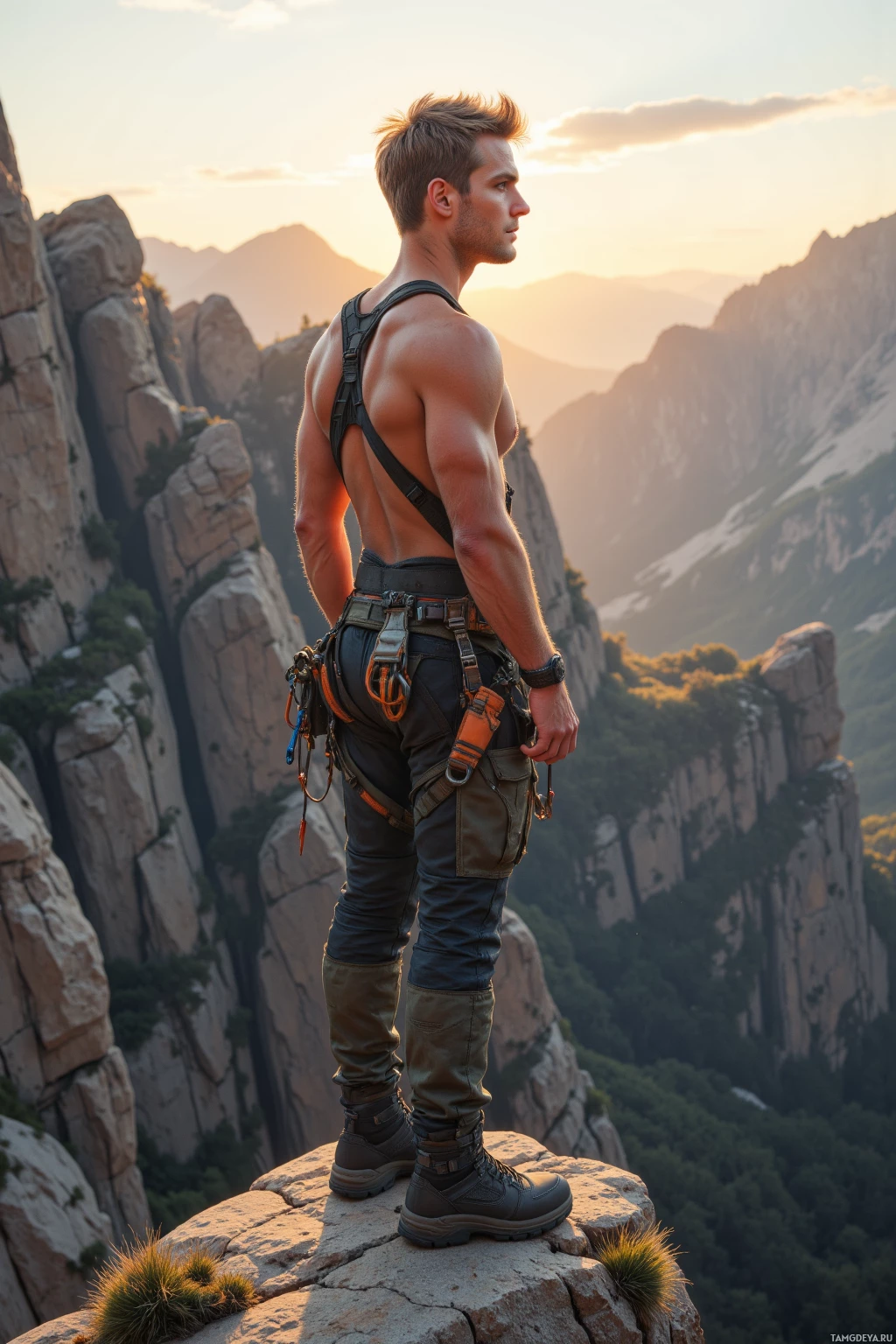 Realistic high quality photo. A 29‑year‑old man with short tousled blonde hair, piercing blue eyes, fair skin, athletic build, wearing a well‑worn climbing harness, carabiners, sturdy boots and functional rugged clothing, stands on a narrow cliff ridge at sunset, gazing over a vast expanse of rugged mountain terrain with sheer rock faces and a calm sky, his posture steady and determined.