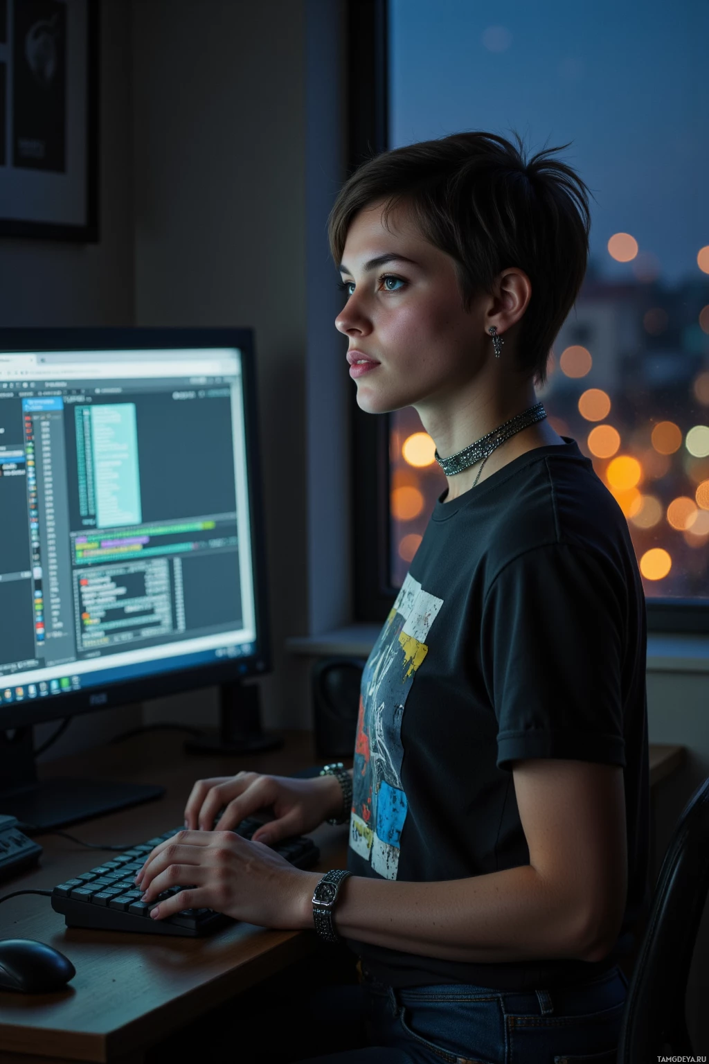 Realistic high quality photo. A woman, 34, with short spiky black hair, piercing green eyes, olive skin, sharp features, wearing dark jeans, a graphic tee, chunky boots, a silver choker, and forked earrings, stands in a dimly lit home office with glowing monitors, fingers poised over the keyboard as a digital glitch ripples across the screen, faint city lights reflected in the glass, late evening, exuding an edgy, stealthy presence.