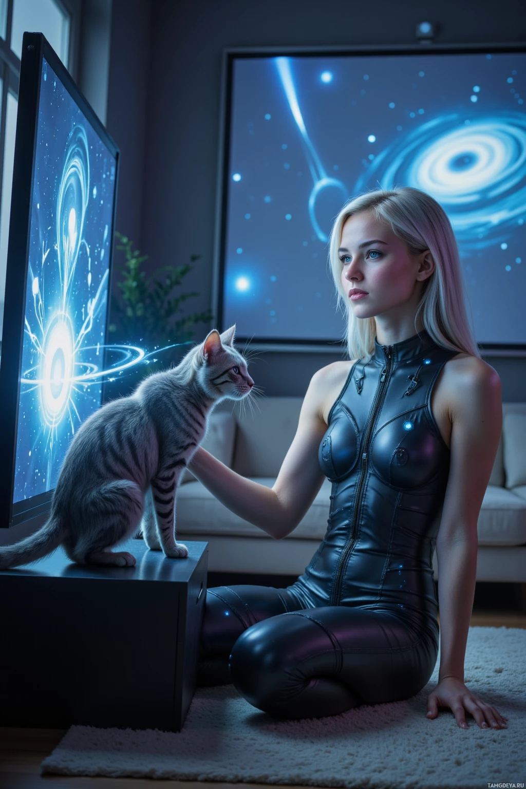 A person in a futuristic outfit sits on the floor, interacting with a cat near a glowing screen.