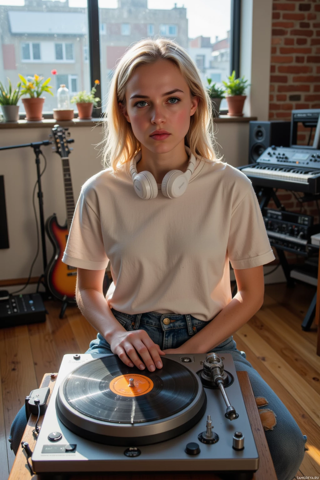 Realistic high quality photo. Woman, 26, soft blonde hair, pale skin, blue eyes, wearing a loose t‑shirt and jeans, white headphones around her neck, sits in a modern studio with an old record player, a synth and mixing console on polished floorboards, late afternoon light filtering through the window, she appears calm yet slightly frustrated as she adjusts the equipment.