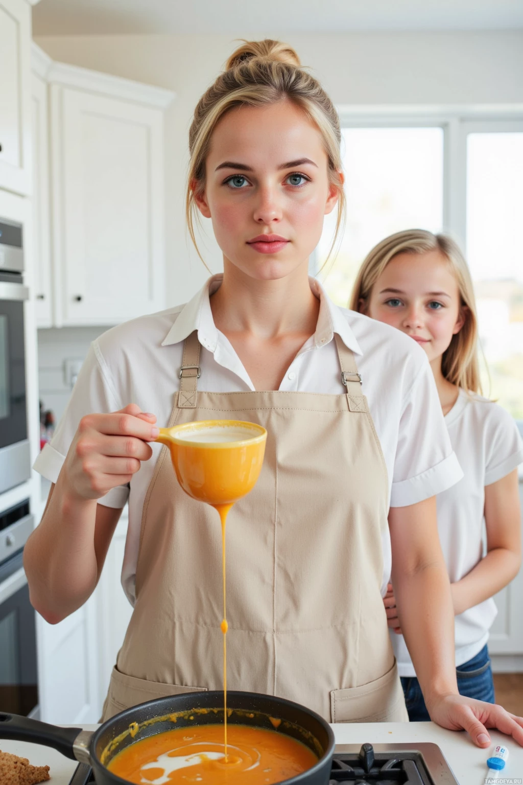 Realistic high quality photo. 36‑year‑old woman with tied‑back blonde hair, bright blue eyes, pale skin, wearing a cozy apron over a white blouse and dark jeans, standing in a bright modern kitchen at midday, holding a measuring cup with a small spill, a child smiles beside her, a pot of pumpkin‑avocado mixture with a drizzle of coconut milk steams on the stove, a pH test strip and kitchen tools scattered on the counter.