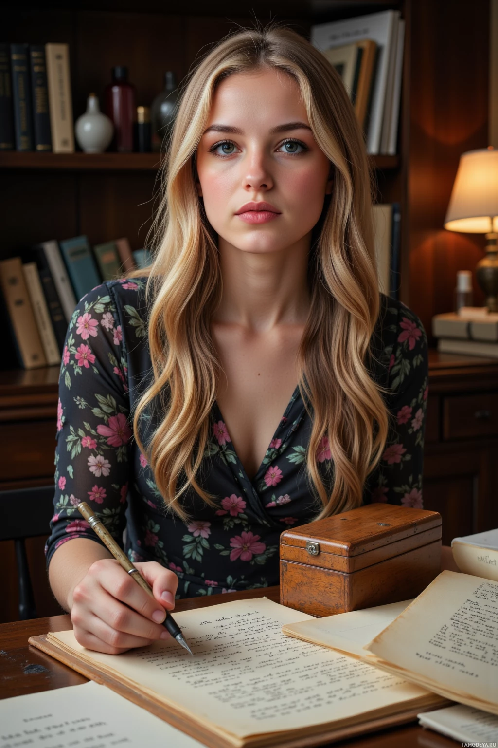 Realistic high quality photo. A 34-year-old woman with long wavy blonde hair and hazel eyes, wearing a retro floral dress, holds a walnut box in her palm while tracing the outlines of old letters with a fountain pen under flickering lamplight in a dim study at night, surrounded by stacks of paper and a faint scent of dried ink.