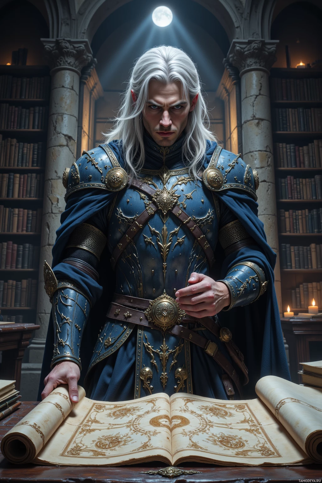 Realistic high quality photo. A tall 38‑year‑old man with flowing silver hair and piercing blue eyes, wearing intricate dark armor with silver trim, stands in an abandoned stone‑walled library under a low moon, tracing faded glyphs on a vellum map while shadows creep across the dim study.