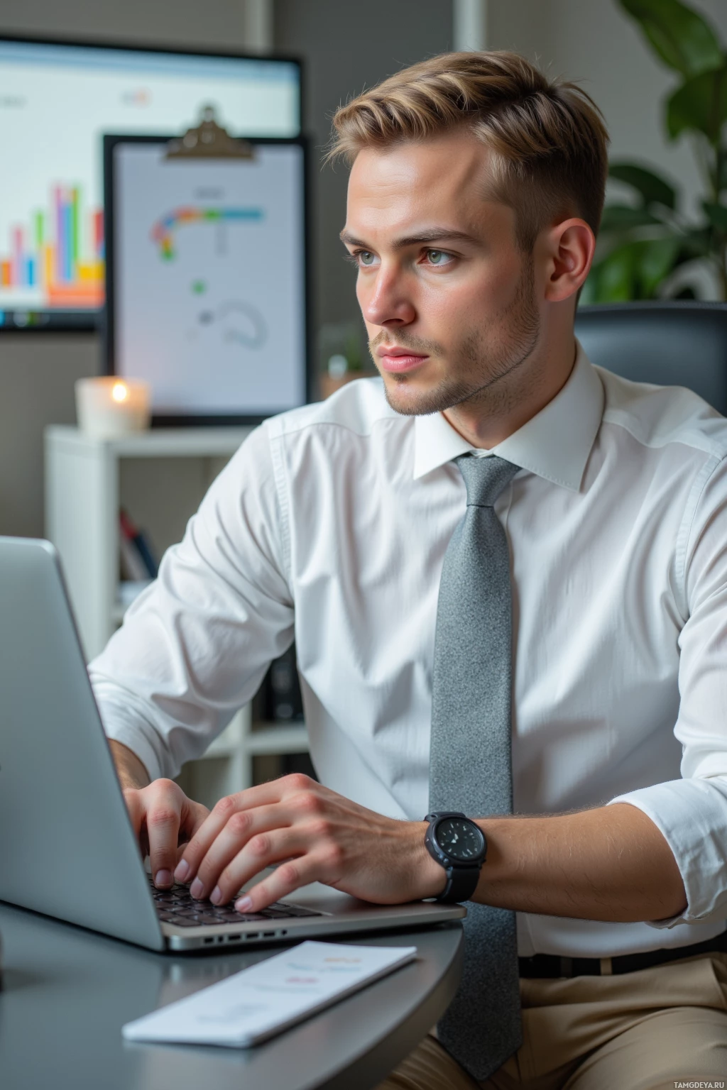 Realistic high quality photo. Male, 29, blonde neatly part hair, blue eyes, pale skin, wearing a white dress shirt, light gray tie, beige slacks, seated at a modern office desk in the morning, focused on a laptop screen displaying a clean spreadsheet with evenly spaced numbers, a desk calendar showing 13:05 highlighted, a coffee mug beside him, stoic posture and calm expression.