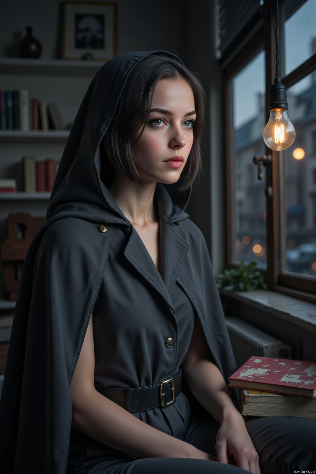 Realistic high quality photo. A 31‑year‑old woman with a sleek jet‑black bob, brown eyes, porcelain skin, wearing a misty grey cloak cinched by a silver belt, sits in a dim apartment corner at night, surrounded by a stack of cracked notebooks and a humming lightbulb, while flickering streetlights cast shadows through the window, evoking a quiet, introspective mystery atmosphere.