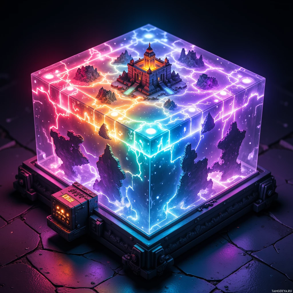 Semi-abstract image with many light, that is suitable for the post:  Translucent hexagonal case with a 32×32 RGB LED grid displaying a pulsing 8‑bit dungeon map, faint etched sprite silhouettes on its surface, a mechanical keypad with a hidden password sequence, and precise metal hinges, all glowing in retro pixel art light.