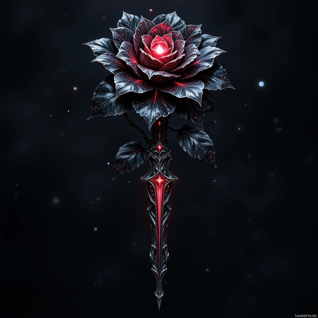 Semi-abstract image with many light, that is suitable for the post:  Obsidian rose scepter with midnight black petals carved from polished stone, each petal etched with intricate silver runes, a concealed blade glowing with a soft crimson light, sleek and elegant, ritualistic precision, and sharp metallic edges.