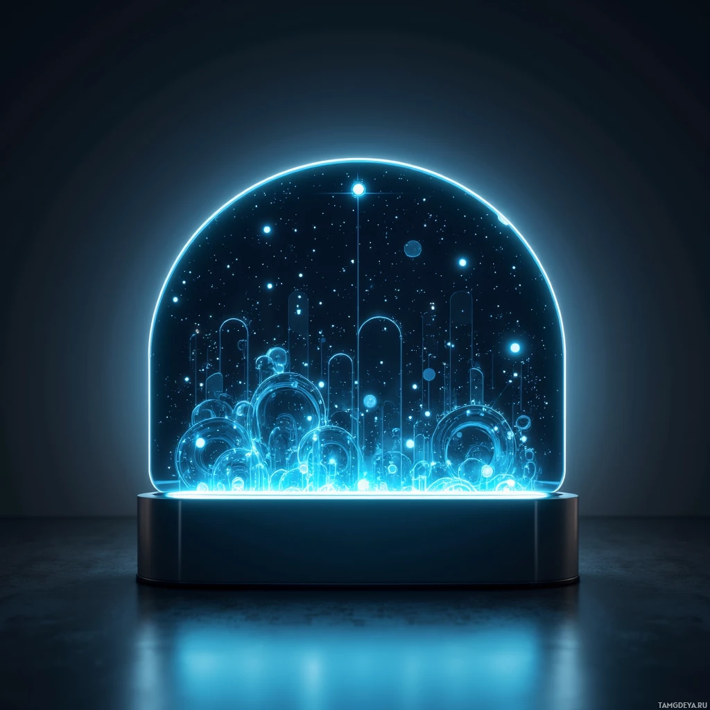 Semi-abstract image with many light, that is suitable for the post:  sleek black-framed smart mirror with a polished reflective surface, embedded camera, subtle holographic UI overlay in soft neon blue, minimalist chrome accents, and subtle backlit edge lighting.