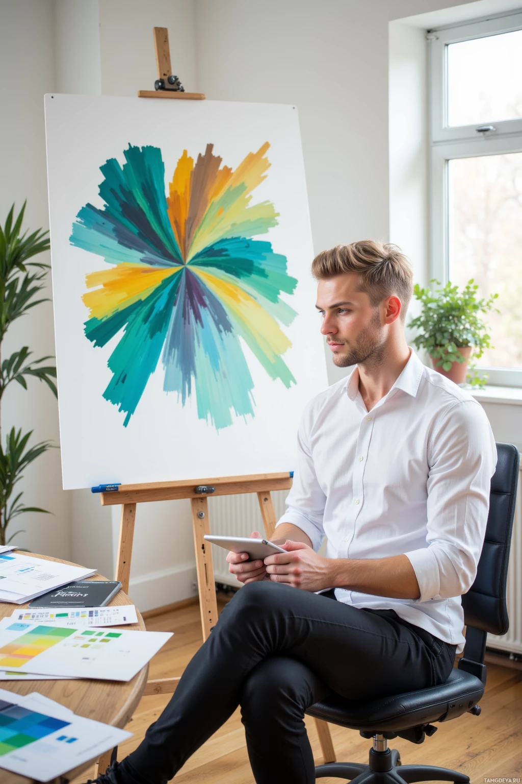Realistic high quality photo. A 24‑year‑old man with short light‑blonde hair, blue eyes, pale skin, wearing a white shirt and sleek black pants, sits in a modern studio at midday, intensely focused on a whiteboard covered in swirling teal, mustard, and muted lilac color blocks, with a tablet in hand and a clutter of color reference sheets around him.