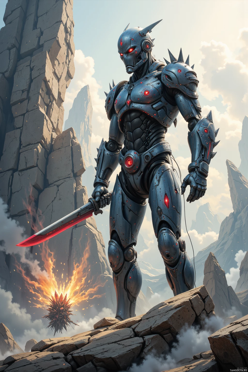 A robotic warrior stands on rocky terrain with glowing red eyes and a sword in hand.
