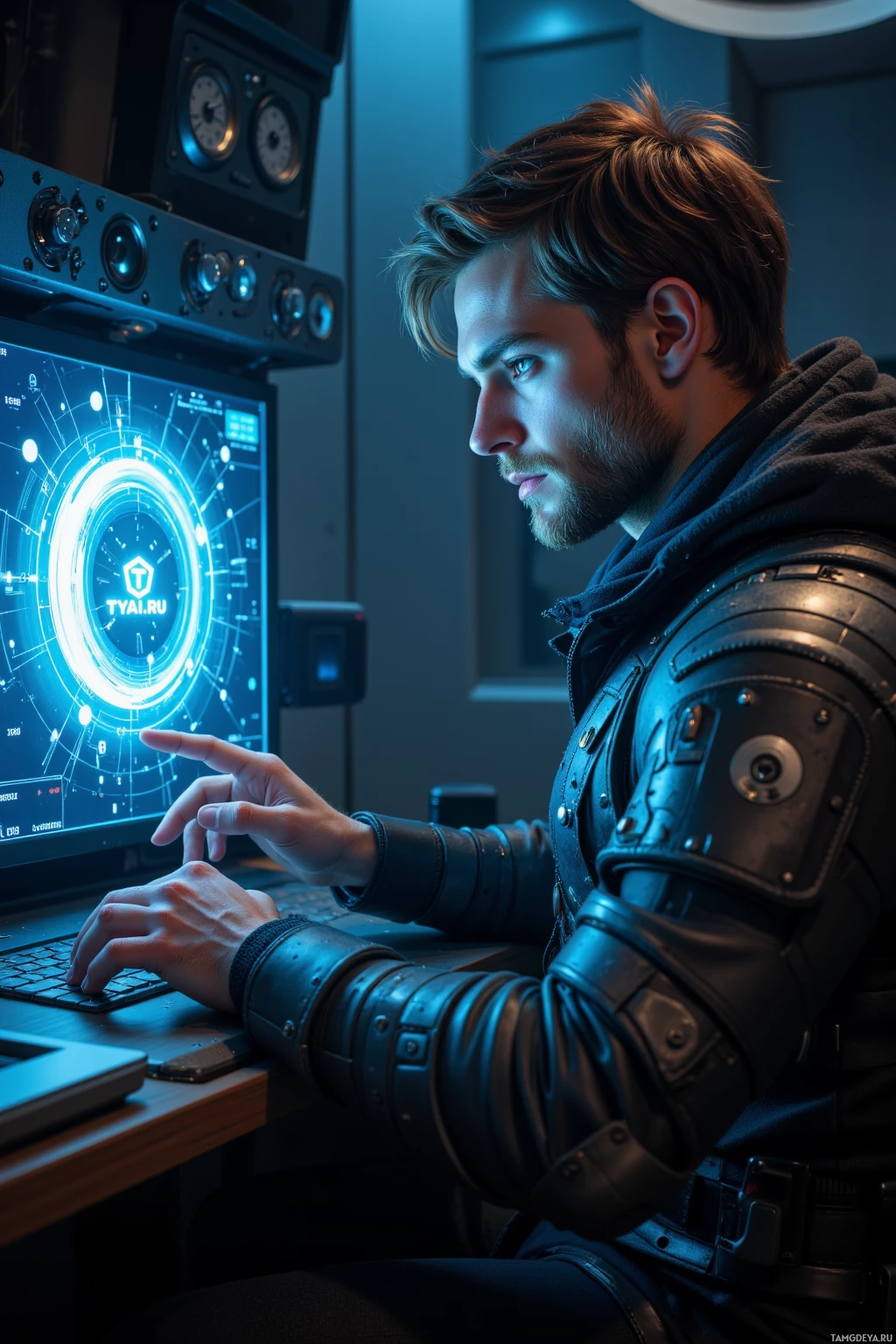 A person in futuristic attire is working on a computer with a glowing interface displaying "TYAI.RU.