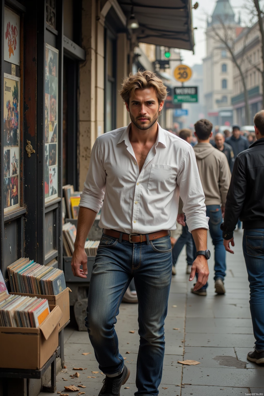 A man in a white shirt and jeans walks past a record shop on a city street.