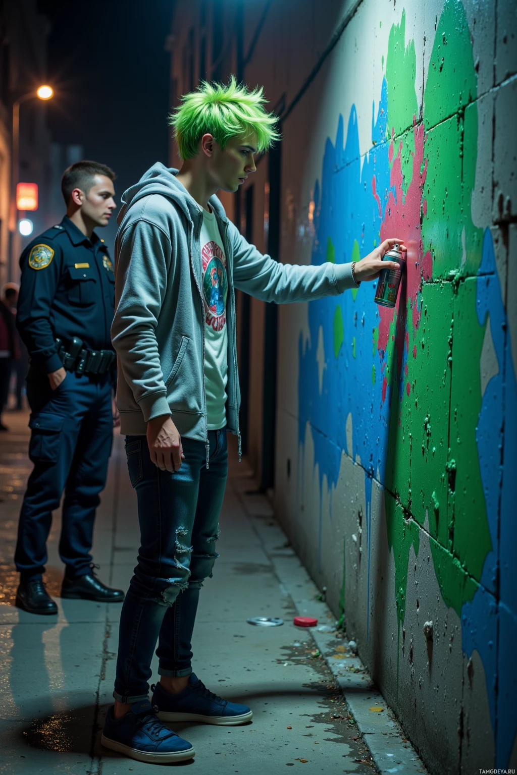 A person with green hair spray paints a wall while a police officer stands nearby.