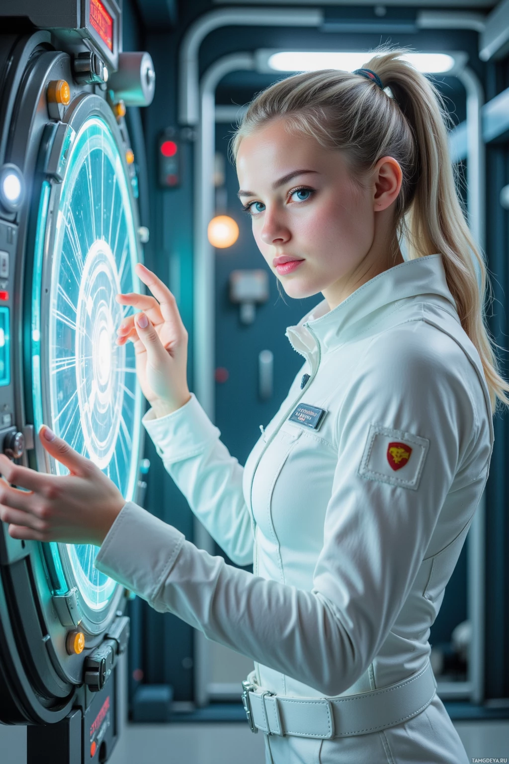 A person in a white uniform interacts with a futuristic control panel in a high-tech environment.
