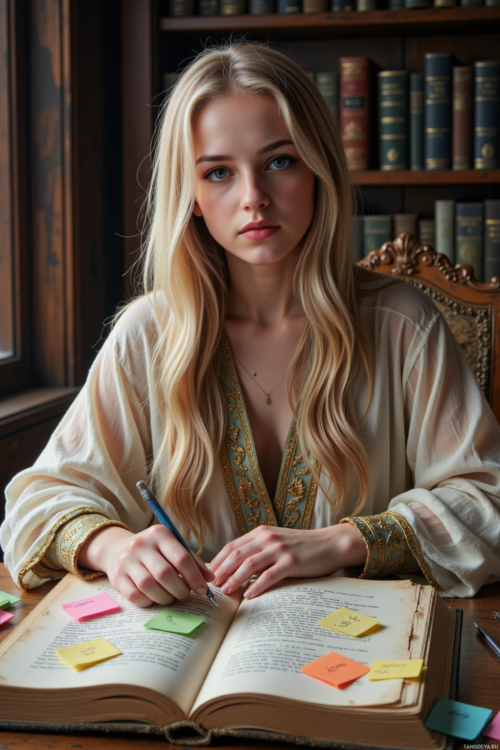 A person is sitting at a desk with an open book and sticky notes, writing in it with a pen.