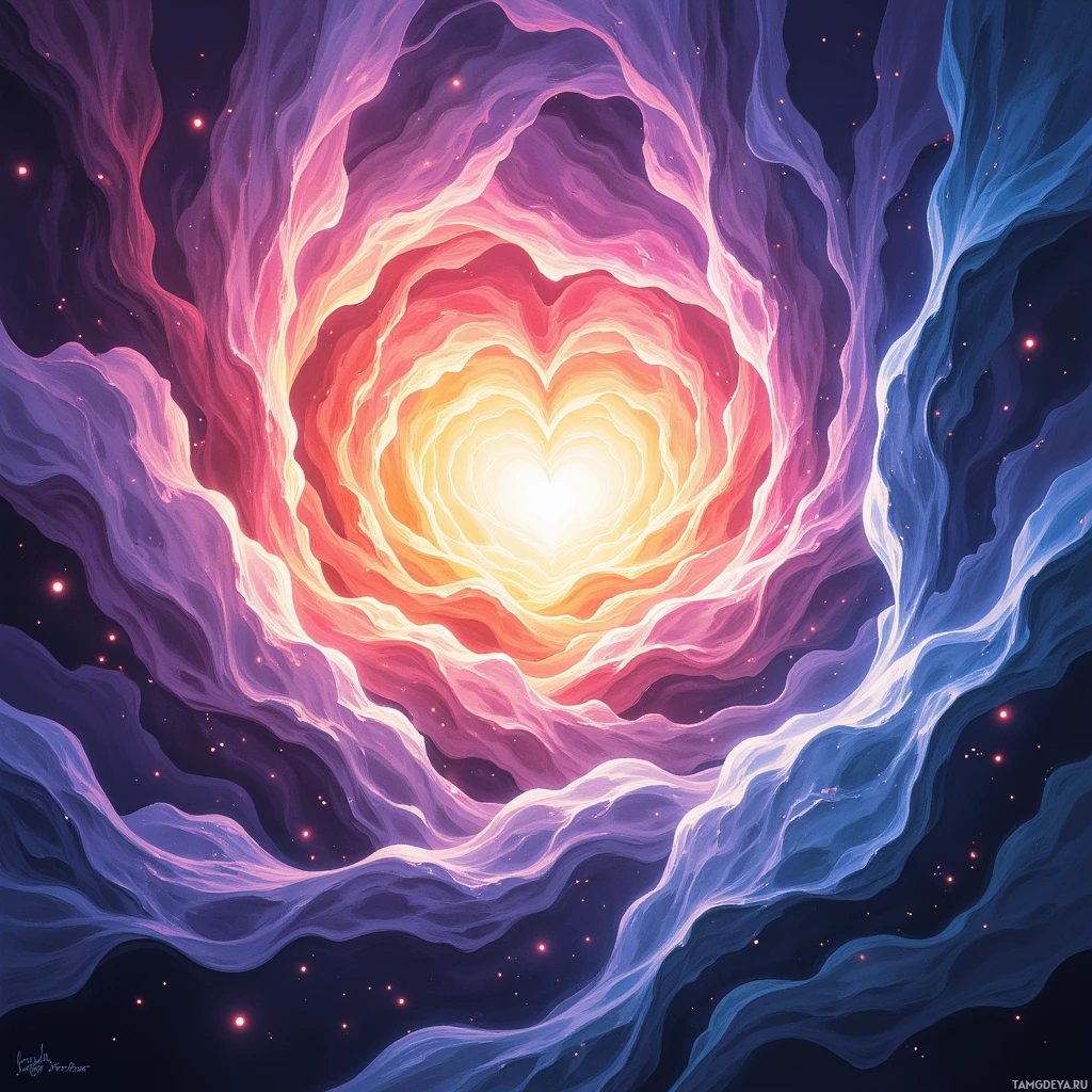 A vibrant, abstract image featuring a swirling pattern of pink, purple, and blue hues converging towards a bright, glowing center.